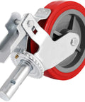 Close-up of single heavy-duty 8-inch red polyurethane caster with locking stem from Beefy Heavy Duty Scaffolding Wheels Set Of 4 8 Inch Red Polyurethane Casters With Brakes Locking Stem 3200 Lbs Per Set Replacement For Scaffold Shelves And Workbench.
