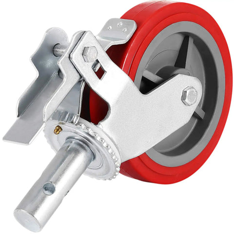 Close-up of single heavy-duty 8-inch red polyurethane caster with locking stem from Beefy Heavy Duty Scaffolding Wheels Set Of 4 8 Inch Red Polyurethane Casters With Brakes Locking Stem 3200 Lbs Per Set Replacement For Scaffold Shelves And Workbench.