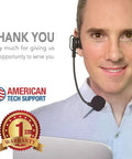 Smiling person wearing a headset standing next to text 'Thank You' and 'American Tech Support' with a 1-year warranty badge.