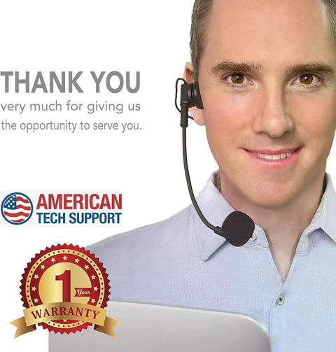 Smiling person wearing a headset standing next to text 'Thank You' and 'American Tech Support' with a 1-year warranty badge.