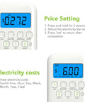 Close-up of Plug In Watt Meter With Backlit LCD Display For Home Use Energy Consumption Monitor showing price and electricity costs settings.