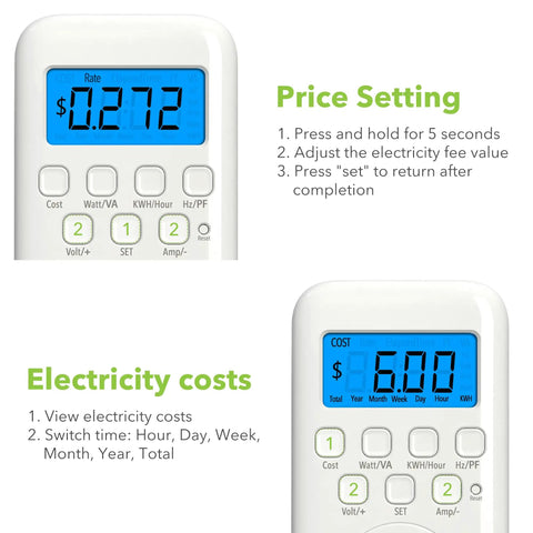 Close-up of Plug In Watt Meter With Backlit LCD Display For Home Use Energy Consumption Monitor showing price and electricity costs settings.