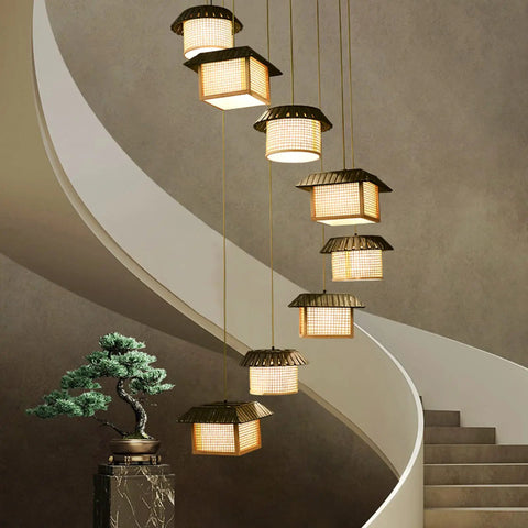 Massive Staircase Chandelier With Eight Bamboo Shades And Long Adjustable Drop Serving Serious Retro Country Vibes To Your Entryway Or Dining Room With Super Smooth Warm Illumination All Day Long.