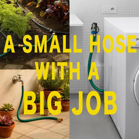 Three Foot Leader Hose For Garden Reels And Outdoor Faucets With Flexible PVC And Brass Fittings in various uses.