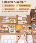 DIY Book Nook Puzzle Kit With 16 Inch Ferris Wheel Music Box, LED Lights, Sunset Carnival Scene, 3D Wooden Puzzle For Adults, Totally Artsy Craft Gift Set For Girls And Boys, Detailed Nighttime Display, 174-piece parts laid out