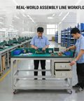 Heavy Hitter Anti Static Mobile Workbench Aluminum Utility Cart On Smooth Swivel Wheels Top Shelf Esd Pad Station in assembly line.