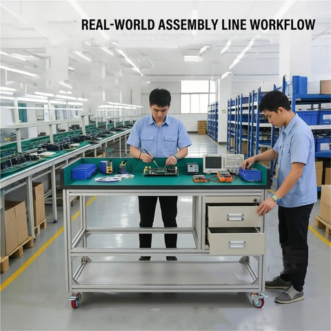 Heavy Hitter Anti Static Mobile Workbench Aluminum Utility Cart On Smooth Swivel Wheels Top Shelf Esd Pad Station in assembly line.