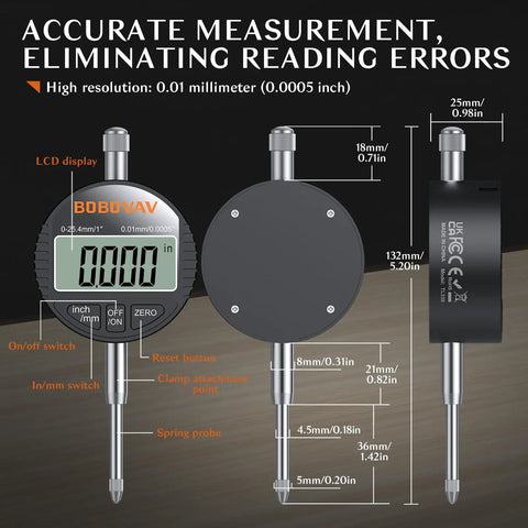 Digital Dial Indicator 0 To 1 Inch (25.4 Mm) High Resolution 0.0005 Inch 0.01 Mm Electronic Probe With Zero Setting And Mm Inch Switchable.