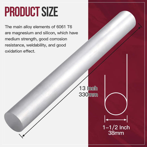 One And A Half Inch Aluminum Round Rod, Thirteen Inch Long, 6061 T6511 Pro Grade Lathe Bar Stock with dimensions chart