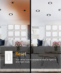 48 Pack 4 Inch LED Recessed Lights With Night Light Mode Ultra Thin Black Trim Downlights in living room with amber glow and reset switch.
