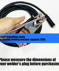 Heavy Duty 200A Ground Clamp With Thick Rubber Insulation And Firm Grip Handle For Safe Welding Jobs. Hand holding clamp over black cable.