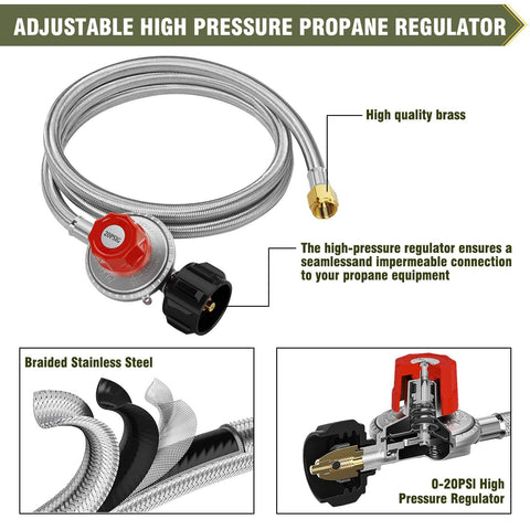 High Pressure Cast Iron Propane Burner Head with 0-20 Psi Adjustable Regulator and 4.1 Ft Hose Brass Fitting for Outdoor Cooking