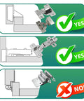 Image showcasing Tough As Nails Soft Close Cabinet Dampers compatible with various hinge designs, confirming fitment.