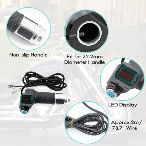 Universal 12V To 84V E-Bike Throttle Grip With Key And LCD Battery Voltage Display, Fits Motorbike And Electric Scooter, Easy Install, Durable Silver Finish, Real Time Voltage Readout For Smooth Confident Rides