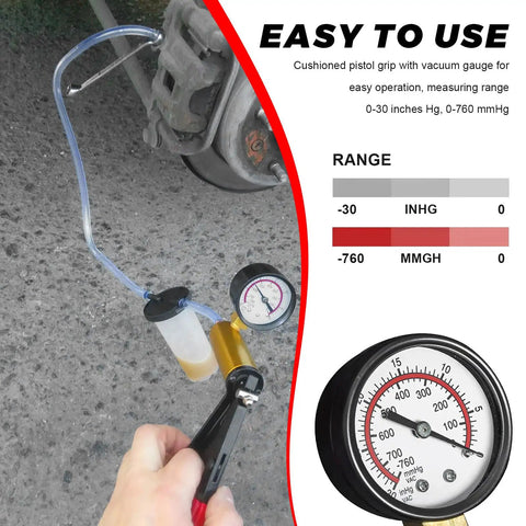 Handheld Vacuum Pump Brake Bleeder Kit With Gauge Adapters For Cars Trucks Motorcycles One Person Fluid Extraction in use.