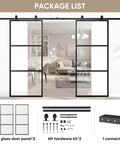 Double Barn Door Set 72 By 84 Inches With 12 Ft Hardware Kit And Soft Close Clear Tempered Glass Panels 36x84 In Each Carbon Steel Frame Sliding Door System For Easy No Fuss Assembly package list showing glass panels, hardware, and connector.