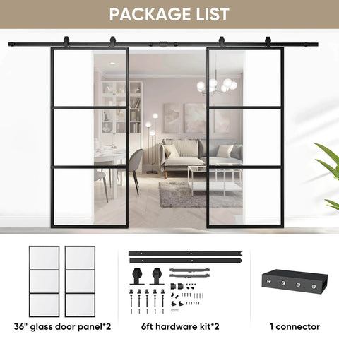 Double Barn Door Set 72 By 84 Inches With 12 Ft Hardware Kit And Soft Close Clear Tempered Glass Panels 36x84 In Each Carbon Steel Frame Sliding Door System For Easy No Fuss Assembly package list showing glass panels, hardware, and connector.