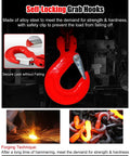 Heavy Duty 4 Strand Chain Sling Featuring Rock Solid Self Locking Hook showing durable red grab hook made of alloy steel with safety clip.