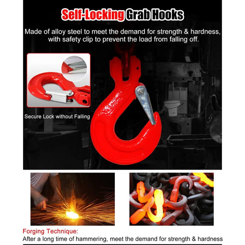 Heavy Duty 4 Strand Chain Sling Featuring Rock Solid Self Locking Hook showing durable red grab hook made of alloy steel with safety clip.