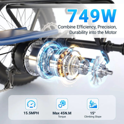 All Terrain Electric Tricycle for Adults with Fat 20 Inch Tires, 864Wh Removable Battery, 15.5 MPH Three Wheel Ebike for Seniors, LCD Display, Rear Differential, and Handy Rear Seat Basket in Blue motor detail