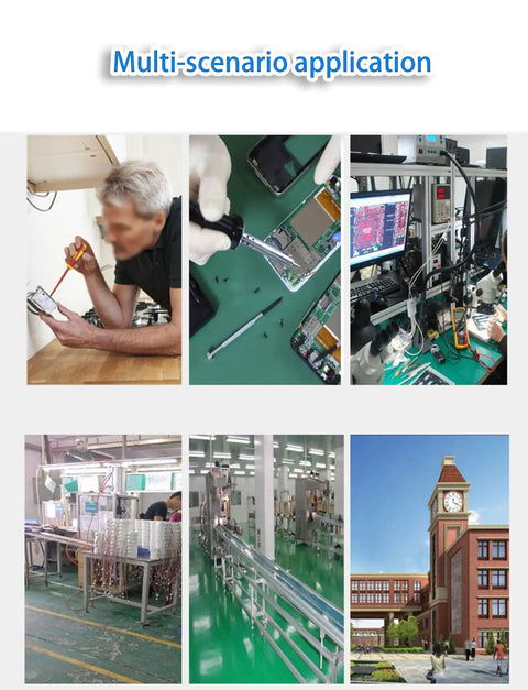 Image showing multi-scenario applications for the Slick Rolling Aluminum Workbench With Locking Casters including electronics assembly and circuit repair.