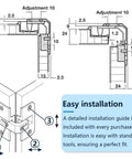Adjustable Pie Cut Corner Hinge Replacing Grass 975 And Hafele Mepla Ssp Series with installation guide and dimensions.