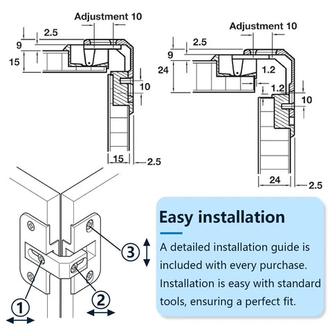 Adjustable Pie Cut Corner Hinge Replacing Grass 975 And Hafele Mepla Ssp Series with installation guide and dimensions.