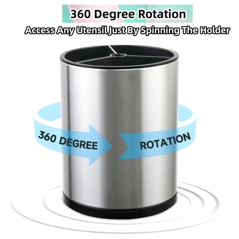 Extra Large 360 Degree Rotating Kitchen Utensil Holder Caddy with Three Compartments Stainless Steel Silverware Organizer