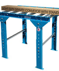 Adjustable Gravity Roller Stand for Woodworking and Table Saw Support 1.5 Inch Steel Rollers 24 Inch by 36 Inch Galvanized Steel 210 Lb Capacity Portable Workhorse Shop Go-To Gear with lumber on top.