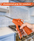 Heavy Duty 2 Pack Air Blow Gun Set With Ergonomic Pistol Grip And Solid Iron Barrel Reliable Compressor Nozzle For Daily Grind Cleanups Dust Blasting And Mechanic Detailing In Bright Orange, showing grip and nozzle.