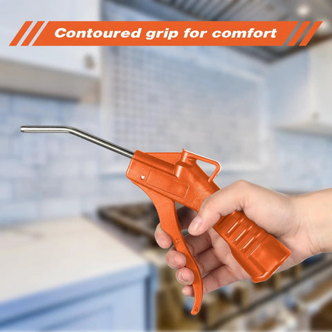 Heavy Duty 2 Pack Air Blow Gun Set With Ergonomic Pistol Grip And Solid Iron Barrel Reliable Compressor Nozzle For Daily Grind Cleanups Dust Blasting And Mechanic Detailing In Bright Orange, showing grip and nozzle.