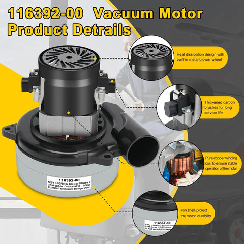 Detailed view of powerful 5.7 inch two stage 120V vacuum motor replacement for central vacuum systems boat lifts and industrial cleaning