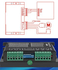 DM542 stepper motor driver; top wiring diagram view with PUL/DIR/ENA terminals, bottom view with green terminal blocks.