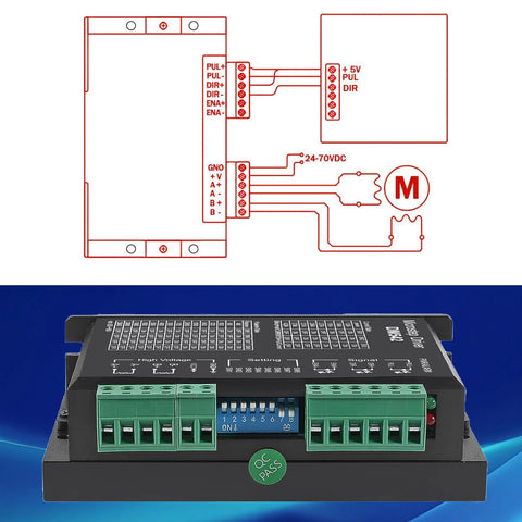 DM542 stepper motor driver; top wiring diagram view with PUL/DIR/ENA terminals, bottom view with green terminal blocks.