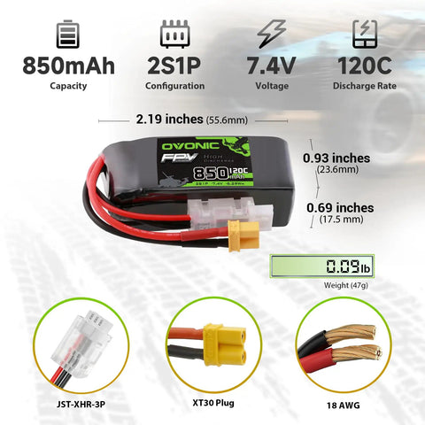 2S 850mAh 7.4V LiPo Battery 120C With XT30 Plug For RC Car Truck Boat Drone Plane Quadcopter Helicopter FPV Racing Hobby Models Dual Pack shown with dimensions and connectors.