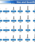 Hella Tough 304 Stainless Steel Machine Screws And Bolts Assortment Kit With Phillips Pan Head Nuts And Flat Washers For Diy Auto Repair Or Professional Garage Builds sizes and quantities displayed.
