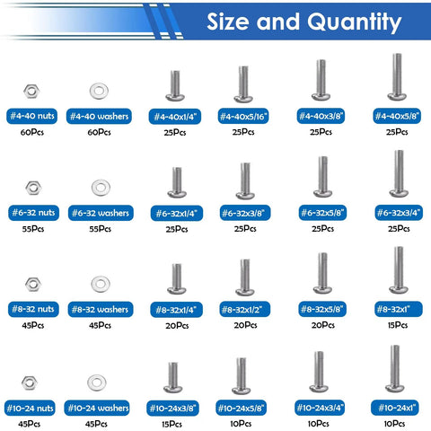 Hella Tough 304 Stainless Steel Machine Screws And Bolts Assortment Kit With Phillips Pan Head Nuts And Flat Washers For Diy Auto Repair Or Professional Garage Builds sizes and quantities displayed.