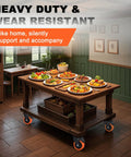4-inch orange heavy-duty locking caster wheels, set of 4, on a wooden rolling cart
