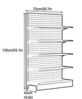 Beefy Five Tier Heavy Duty Steel Storage Shelf Rock Solid Rack For Kitchen Garage Or Retail Use With Foolproof Adjustable Levels Holding Ninety Kilograms Per Tier In Clean White Finish For No Fuss Home Organizing, displayed with dimensions.