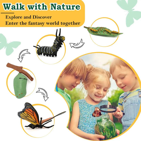 Kids observing mantis cycle from the Life Cycle Science Toys For Kids Set With Butterfly Frog Chicken Mantis Bee And Plants 25 Animal Figurines Montessori Learning Kit For Hands On Nature Education Ages 3 4 5 6 7 8.