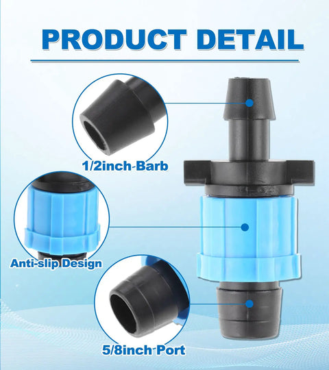 Fifty Piece Drip Irrigation Connector Kit For Five Eighth Inch Drip Tape Tubing detail with 1/2 inch barb and 5/8 inch port