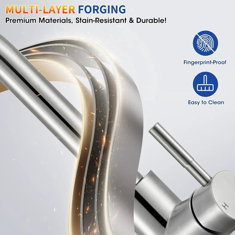 Top Shelf Kitchen Faucet With Pull Down Sprayer In Brushed Nickel Lead Free Stainless Steel Build Rated For Heavy Duty Use close-up of multi-layer forging.