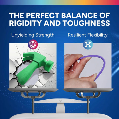 Overture PLA Plus filament front infographic showing unyielding strength and resilient flexibility on a blue background
