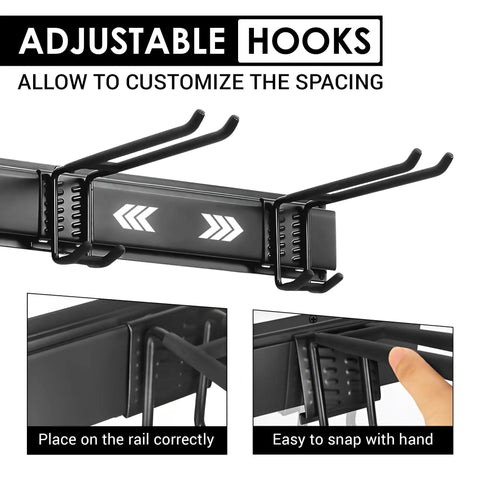 Adjustable hooks of 9 Piece Garage Slatwall Hook Kit with 6 Double Utility Hooks and 3 Mounting Plates, heavy duty tool hanger.