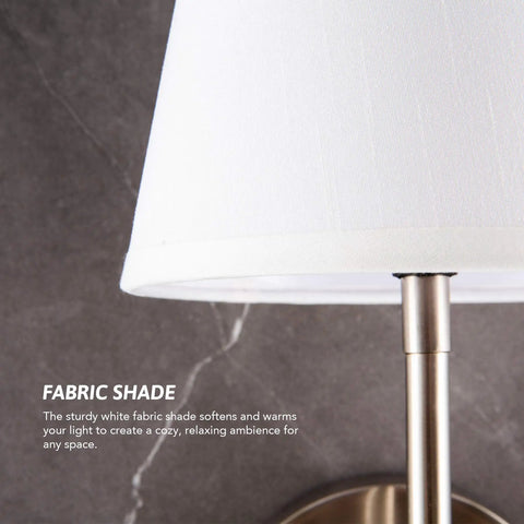 1 Light Wall Sconce With Plug In Or Hardwired Install In Brushed Nickel Finish White Alabaster Fabric Shade Detail