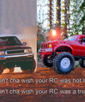 Red WPL C24 RC Truck Crawler 1 16 Scale 4x4 All Terrain Pickup RTR with LED Lights on rugged terrain next to a real pickup truck.