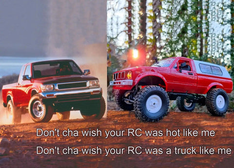 Red WPL C24 RC Truck Crawler 1 16 Scale 4x4 All Terrain Pickup RTR with LED Lights on rugged terrain next to a real pickup truck.