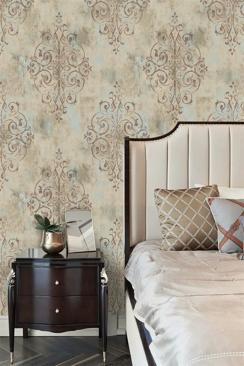 Peel And Stick Vintage French Damask Wallpaper Vinyl Self Adhesive For Walls Bedroom And Bathroom Decor Deep Yellow Mist Blue Brown