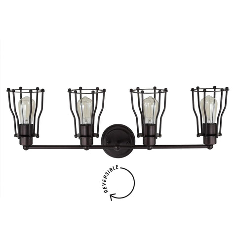 Sleek Oil Rubbed Bronze Modern Industrial Vanity Light With Four Lights And Metal Cage Shade Reversible Wall Sconce For Mirror Or Hallway LED Bulbs Included