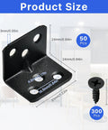Heavy Duty L Brackets And Corner Connectors For Woodwork, Includes Three Hundred Assorted Screws, Rust Resistant Black Steel with measurements.